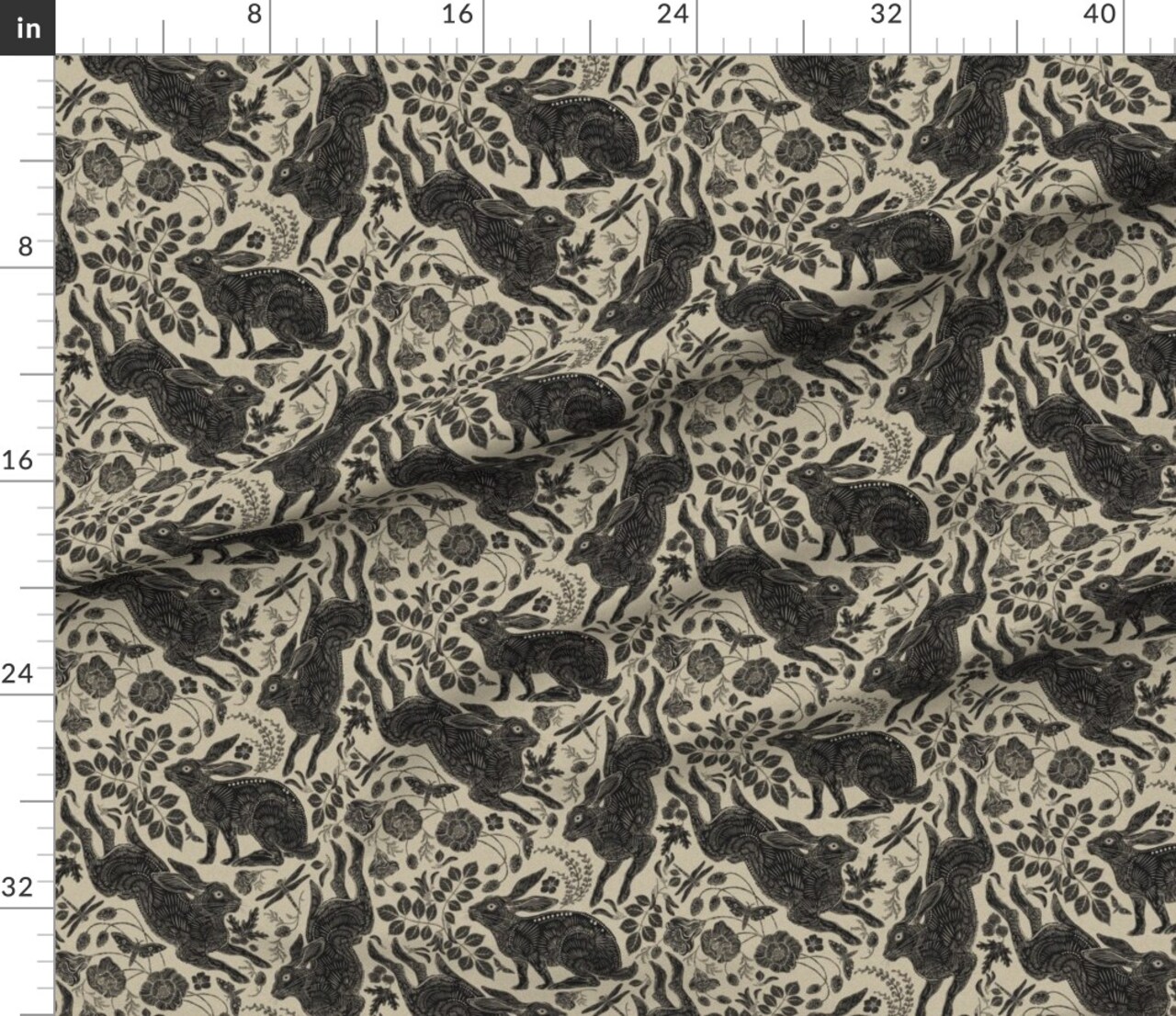 Woodland Rabbit Bunny Tan Neutral Folk Art Style Botanical Woodblock Linocut Custom Printed Fabric by Spoonflower Various Fabrics by the Yard or Fat Quarter